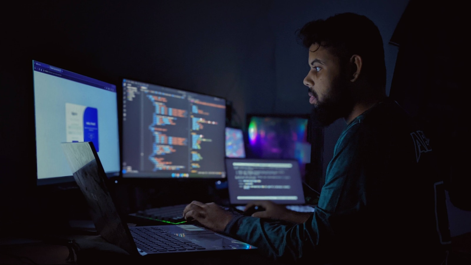 Developer workspace with code, workflow diagrams, and compliance notes