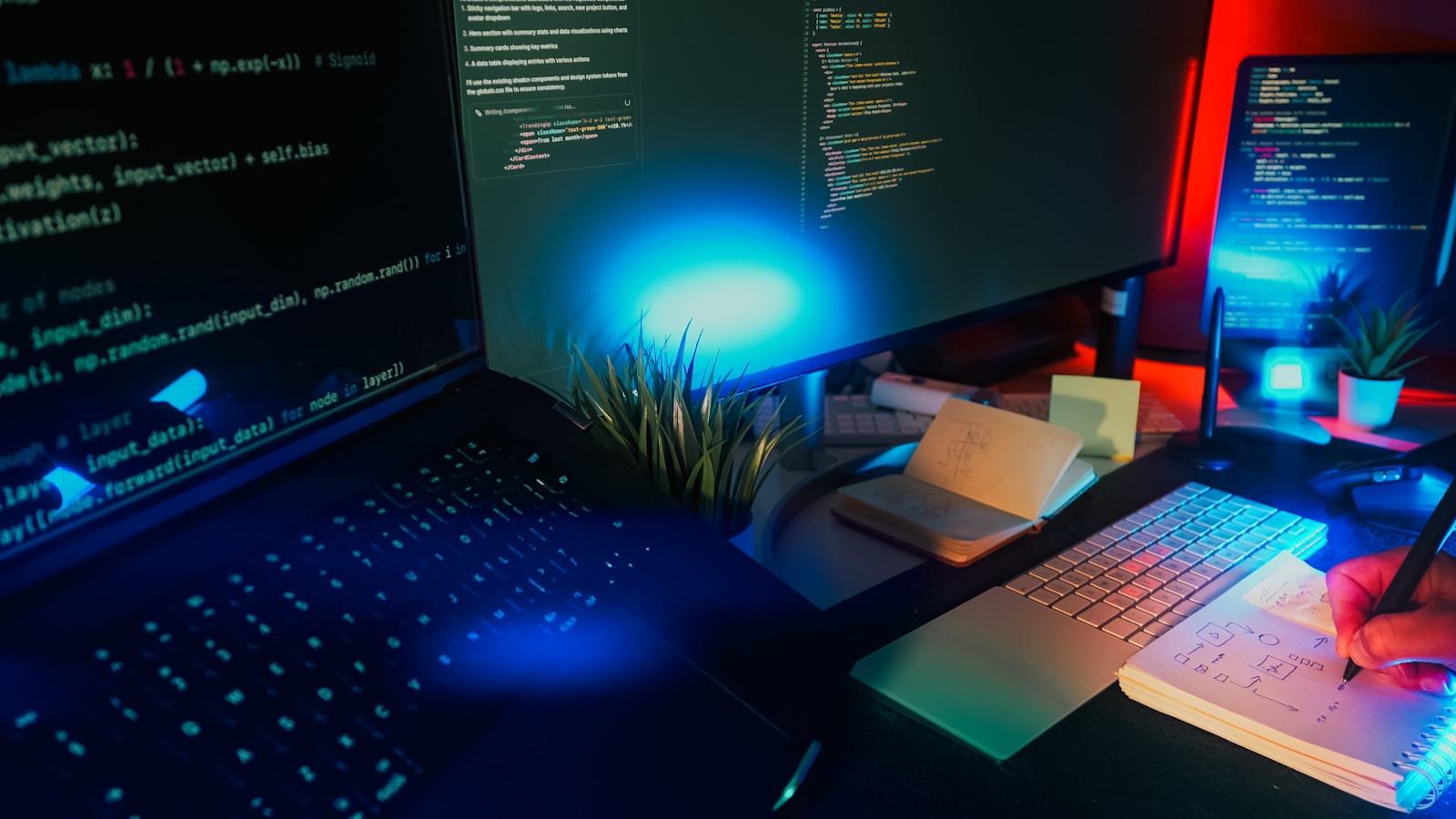 A modern workspace with a computer displaying code and design elements