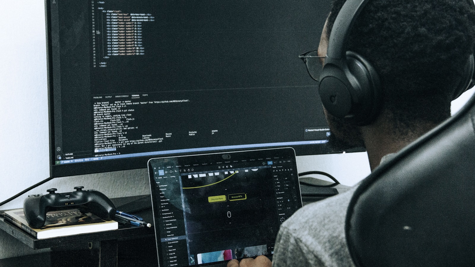 Developer workspace showing AI search and automation on a laptop