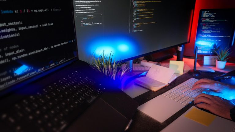 Developer workspace with analytics dashboard and automation flow visuals