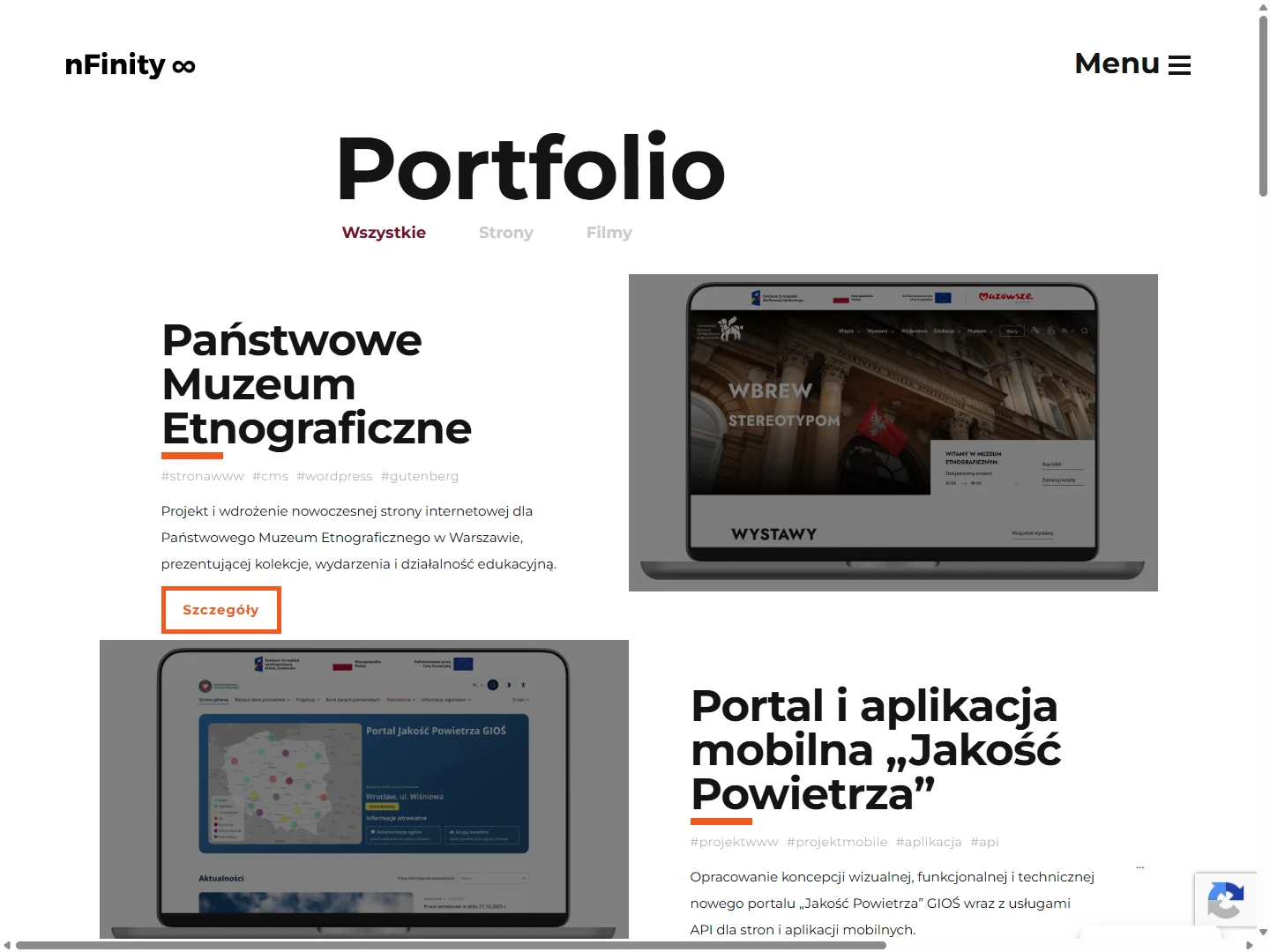 nFinity Kreatywna Agencja — Agency portfolio — project descriptions, visual previews and category controls.