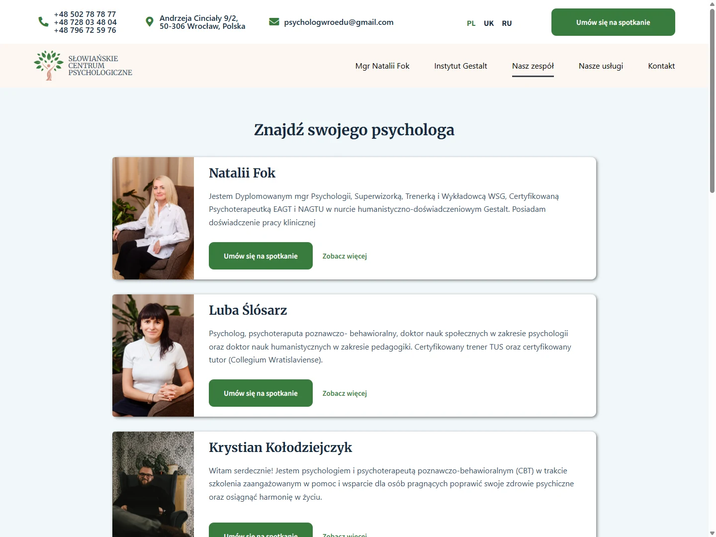 Słowiańskie Centrum Psychologiczne — Team directory — portraits, professional summaries and individual profile links.