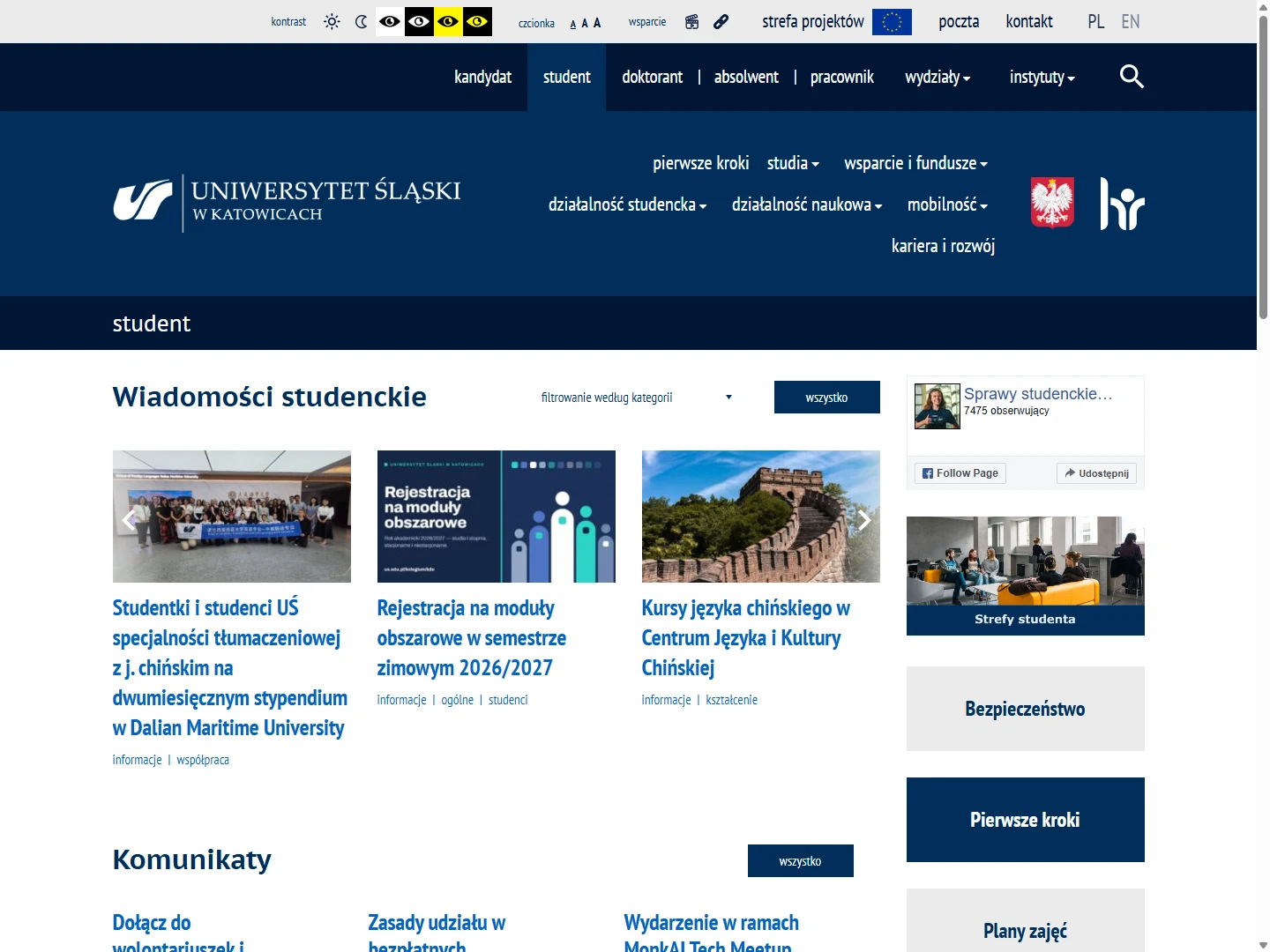 Uniwersytet Śląski — Student portal — dedicated navigation, announcements and practical student information.